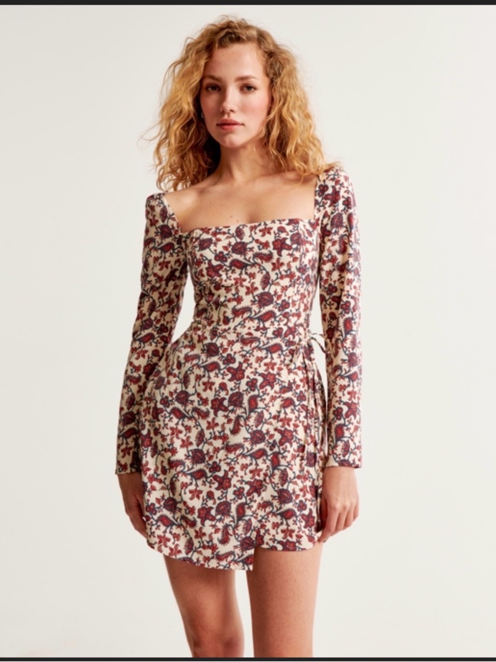 Abercrombie & Fitch Cream Warp Mini Dress with Burgundy Floral Print